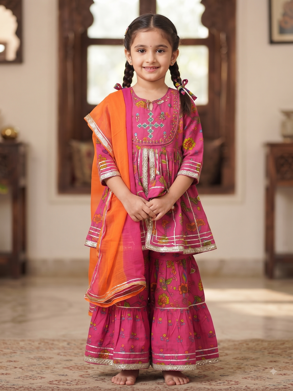 Olecuzi Kids Pink Floral Print Sharara Set with Orange Dupatta