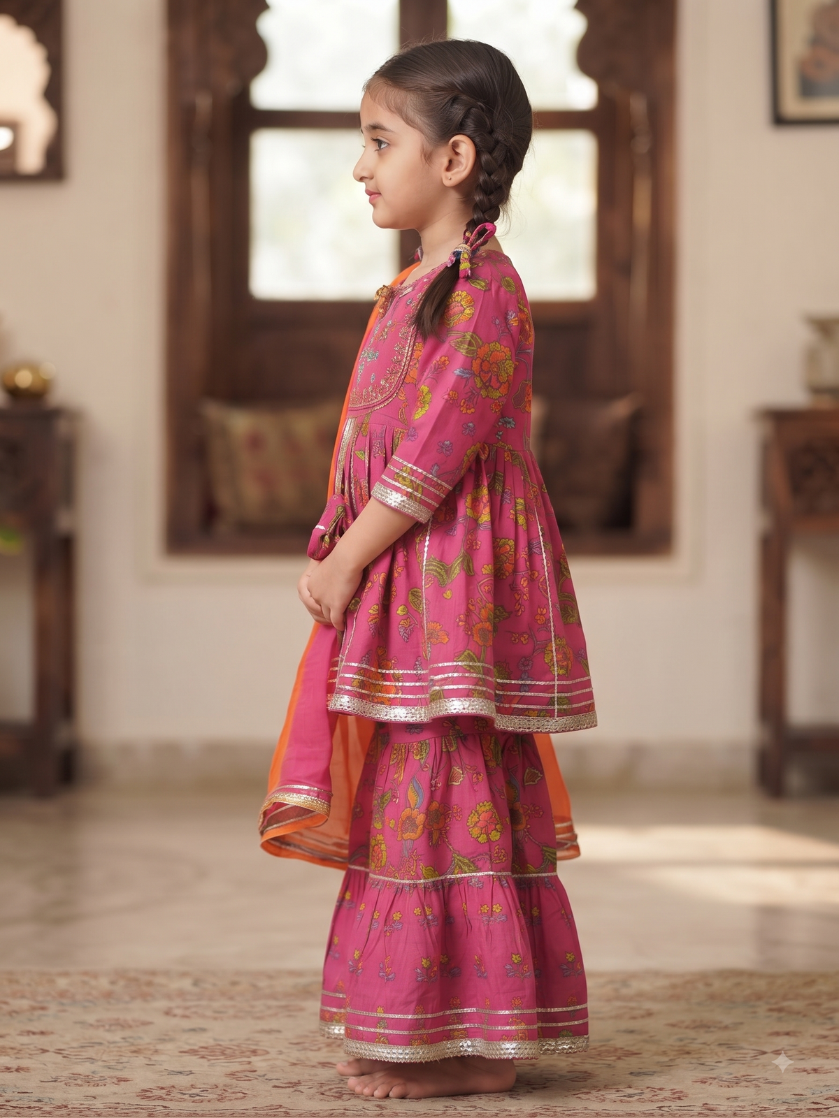 Olecuzi Kids Pink Floral Print Sharara Set with Orange Dupatta