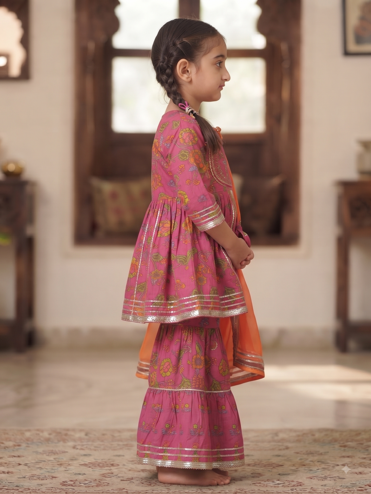 Olecuzi Kids Pink Floral Print Sharara Set with Orange Dupatta