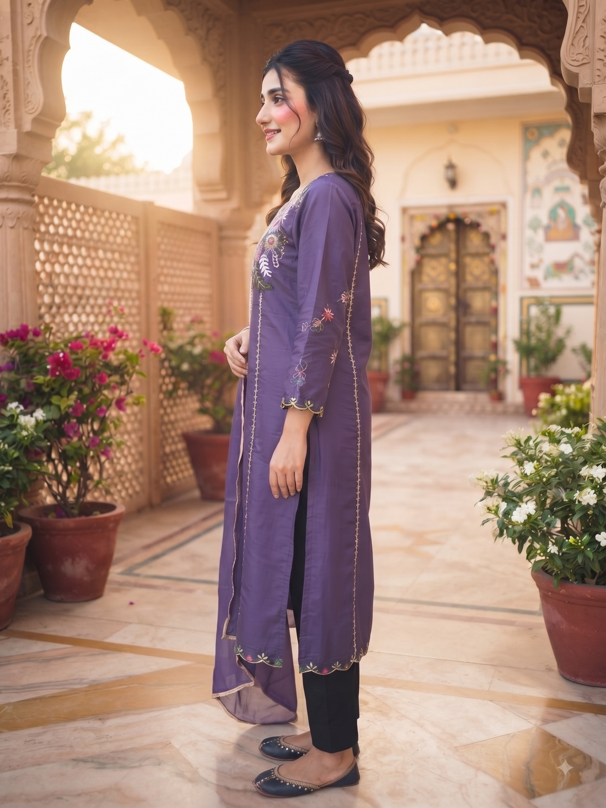Elegant Purple Embroidered Kurti Set with Dupatta | Olecuzi