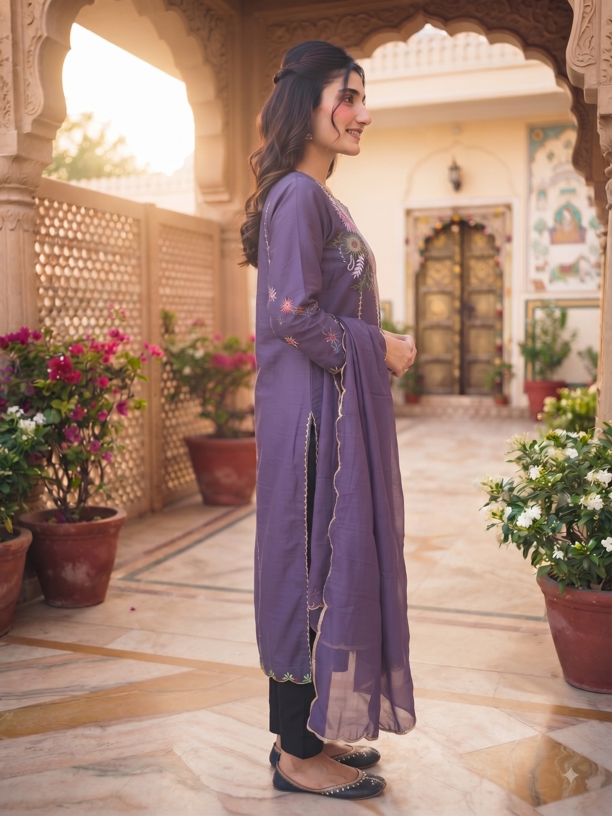 Elegant Purple Embroidered Kurti Set with Dupatta | Olecuzi