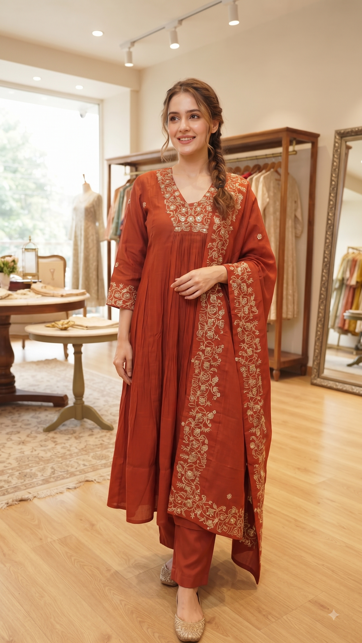 Rust-Orange Embroidered Anarkali Kurti Set with Dupatta