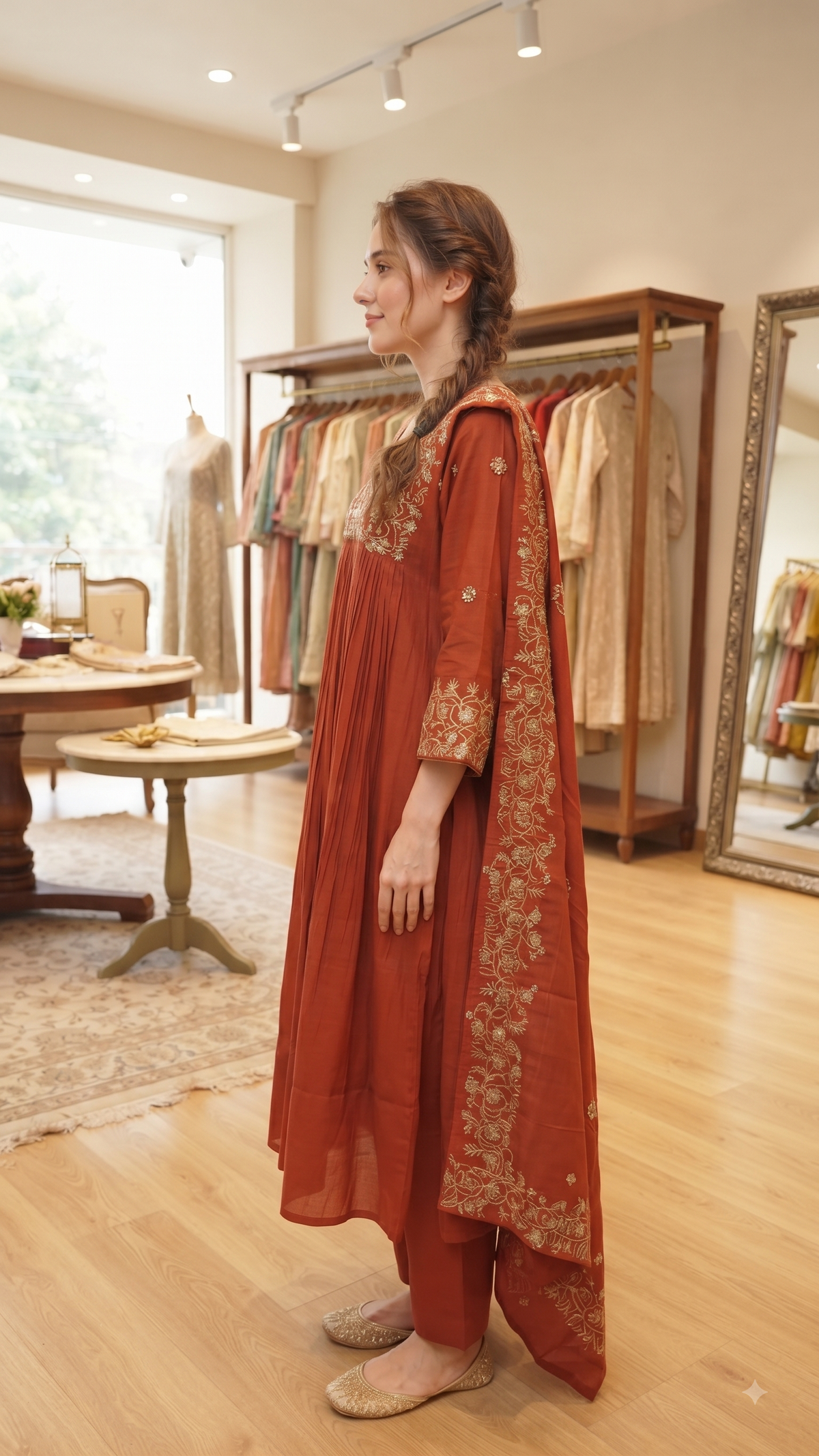 Rust-Orange Embroidered Anarkali Kurti Set with Dupatta