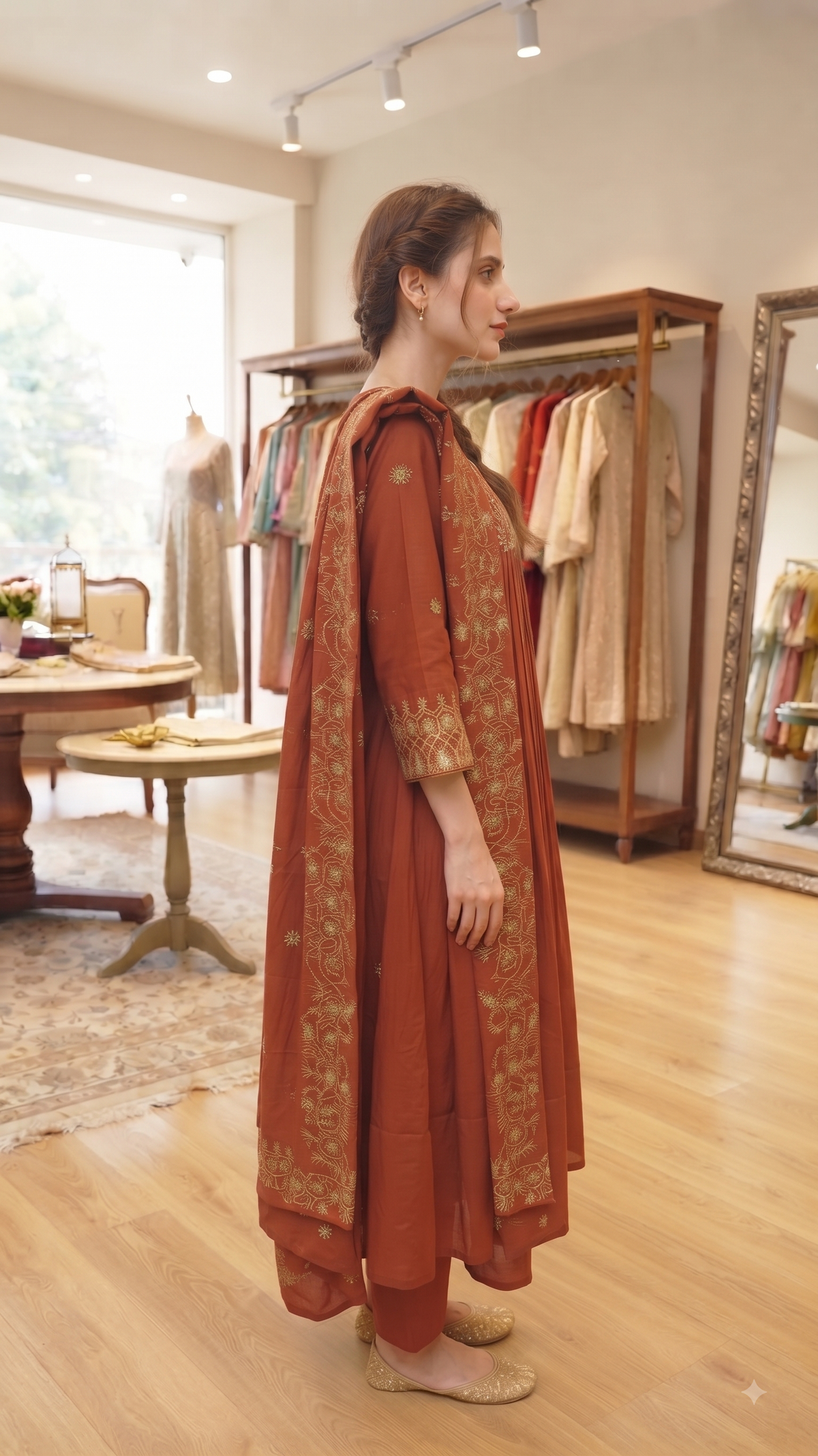 Rust-Orange Embroidered Anarkali Kurti Set with Dupatta
