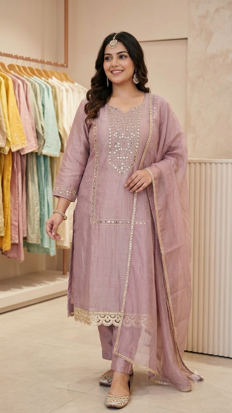 Mauve Embroidered Kurta Set with Dupatta