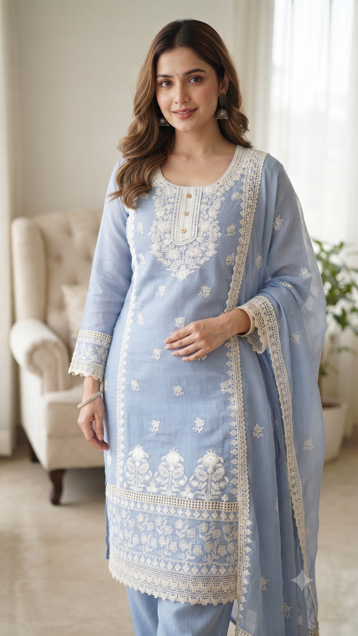 Pastel Blue Mul Chanderi Silk Suit with Delicate White Embroidery