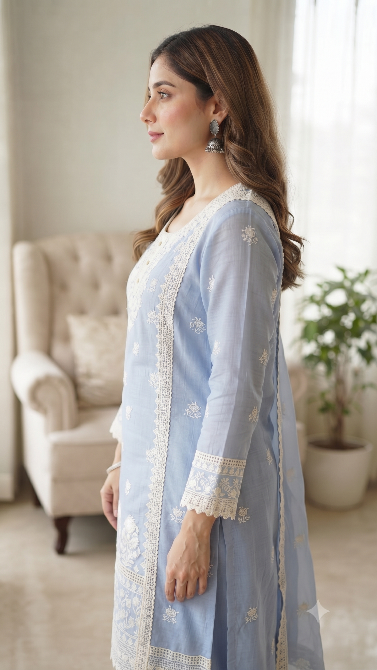 Pastel Blue Mul Chanderi Silk Suit with Delicate White Embroidery