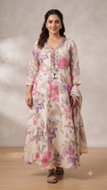 Elegant Floral Mul Cotton Long Anarkali with Dupatta