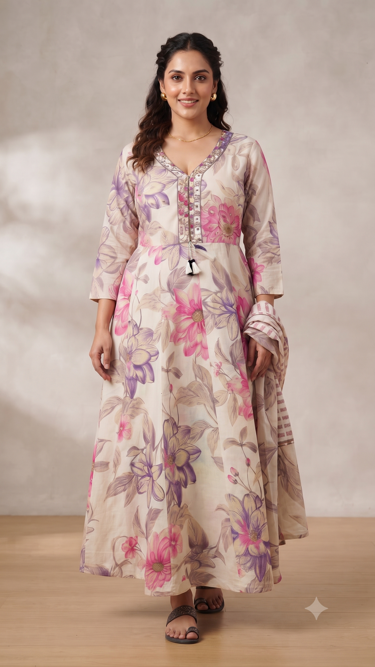 Elegant Floral Mul Cotton Long Anarkali with Dupatta