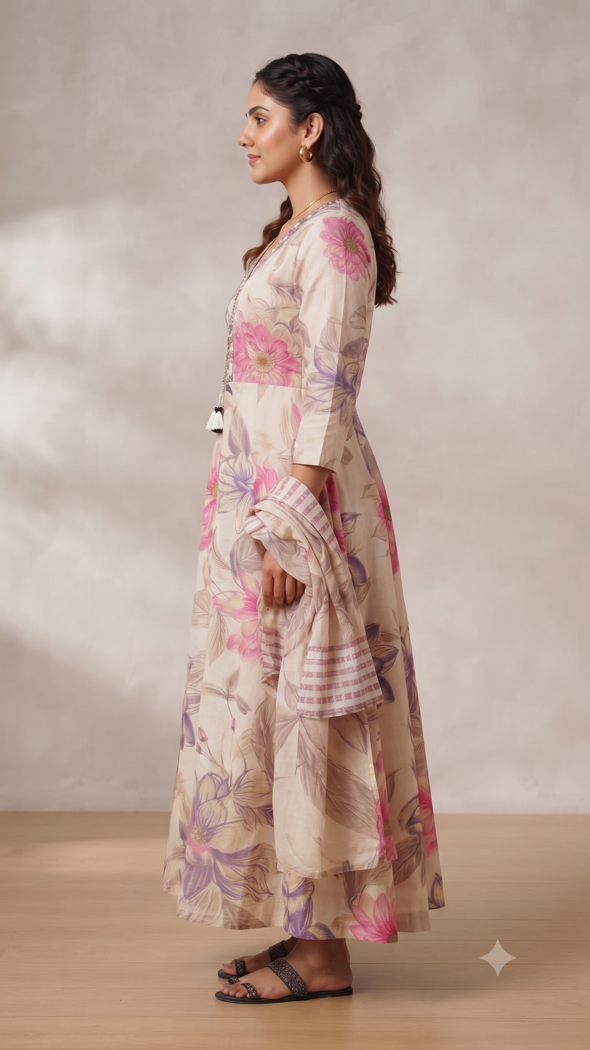 Elegant Floral Mul Cotton Long Anarkali with Dupatta