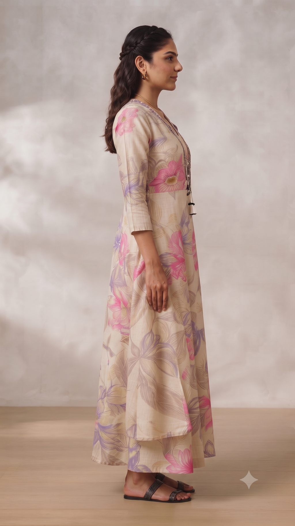 Elegant Floral Mul Cotton Long Anarkali with Dupatta