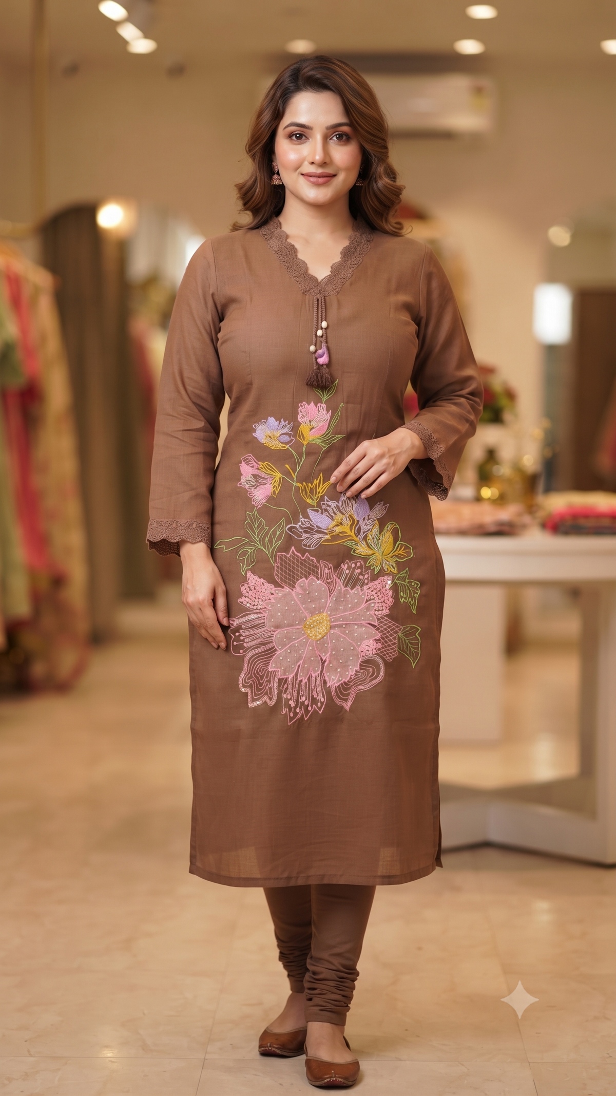 Elegant Brown Floral Embroidered Kurti Set