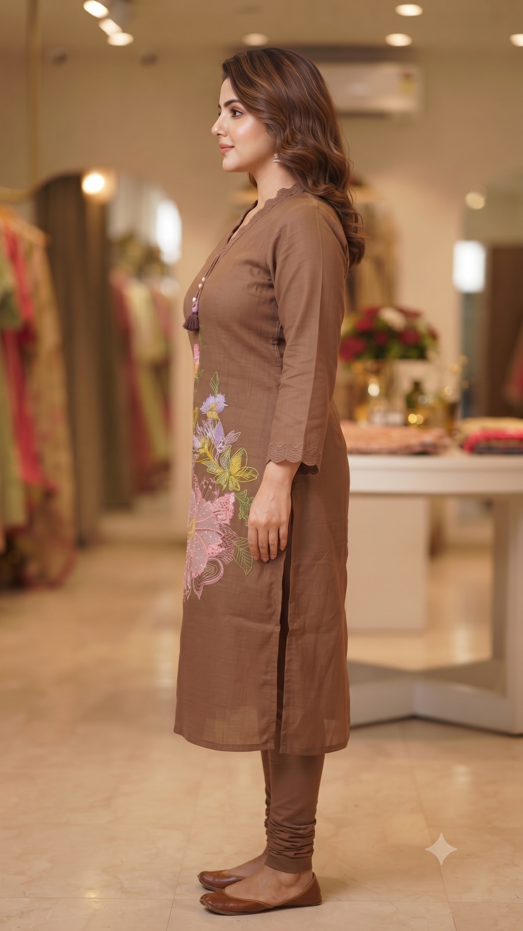 Elegant Brown Floral Embroidered Kurti Set