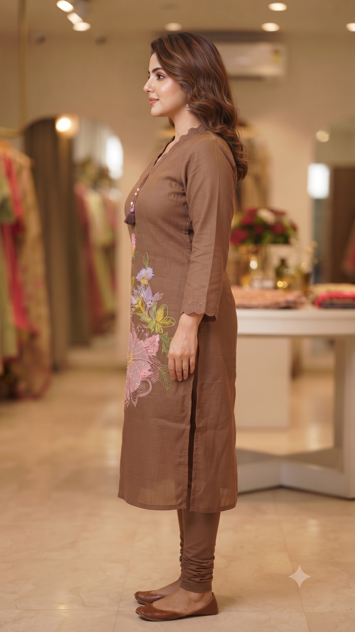 Elegant Brown Floral Embroidered Kurti Set