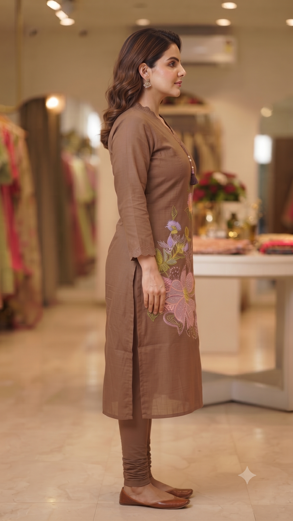 Elegant Brown Floral Embroidered Kurti Set