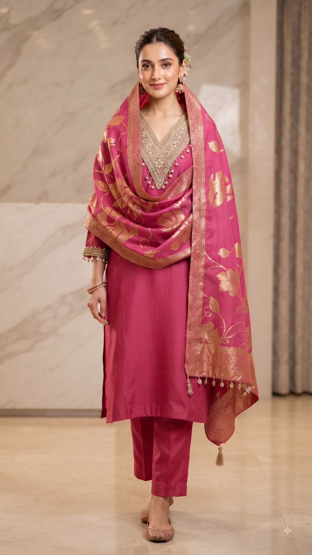 Elegant Rani Pink Banarasi Jacquard Suit Set