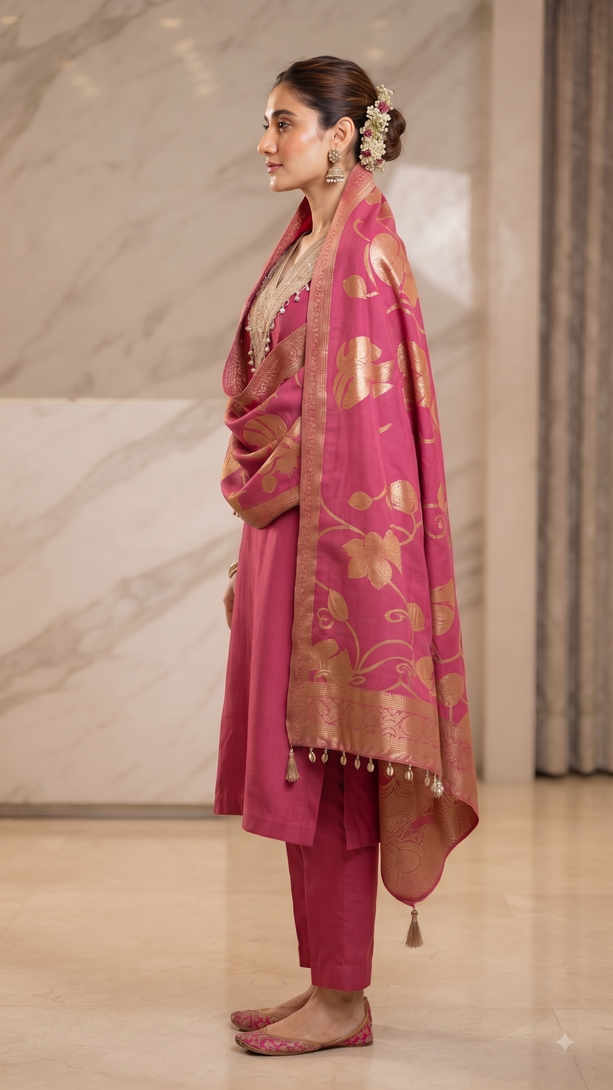 Elegant Rani Pink Banarasi Jacquard Suit Set