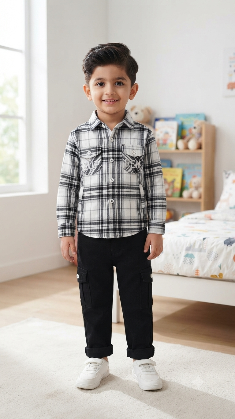 Boys' Black and White Plaid Button-Down Shirt