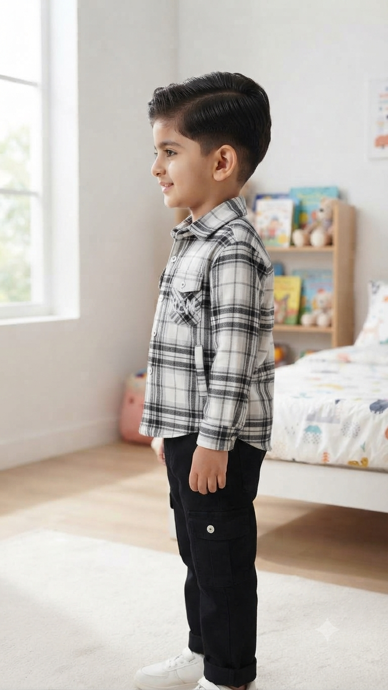 Boys' Black and White Plaid Button-Down Shirt