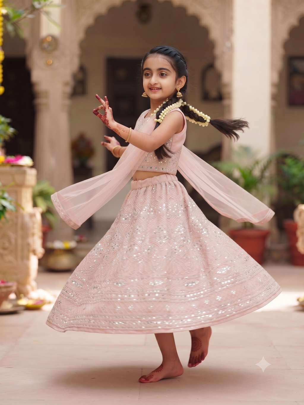 Kids Pink Net Mirror Work Lehenga Choli | Designer Festive Wear