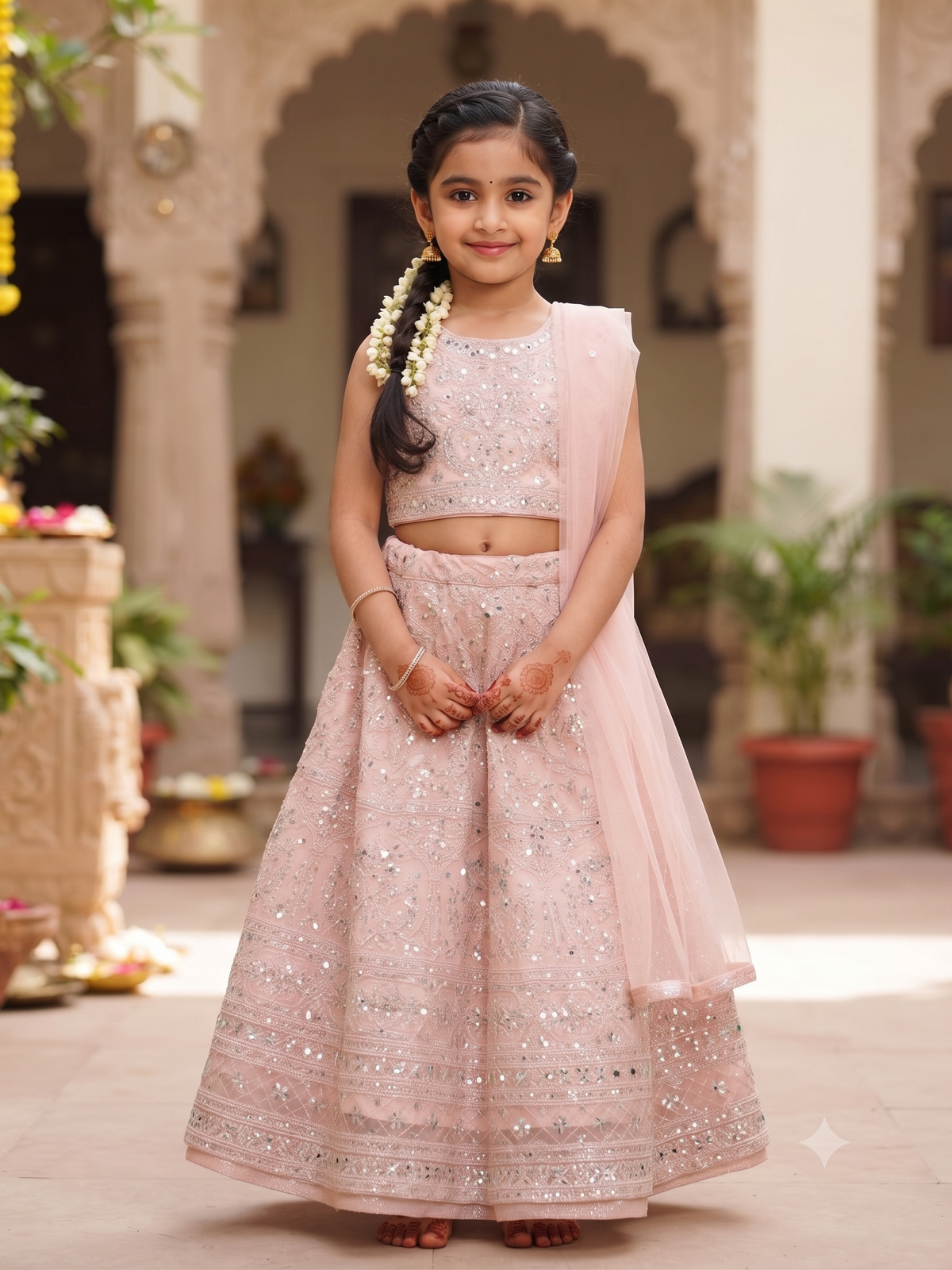 Kids Pink Net Mirror Work Lehenga Choli | Designer Festive Wear