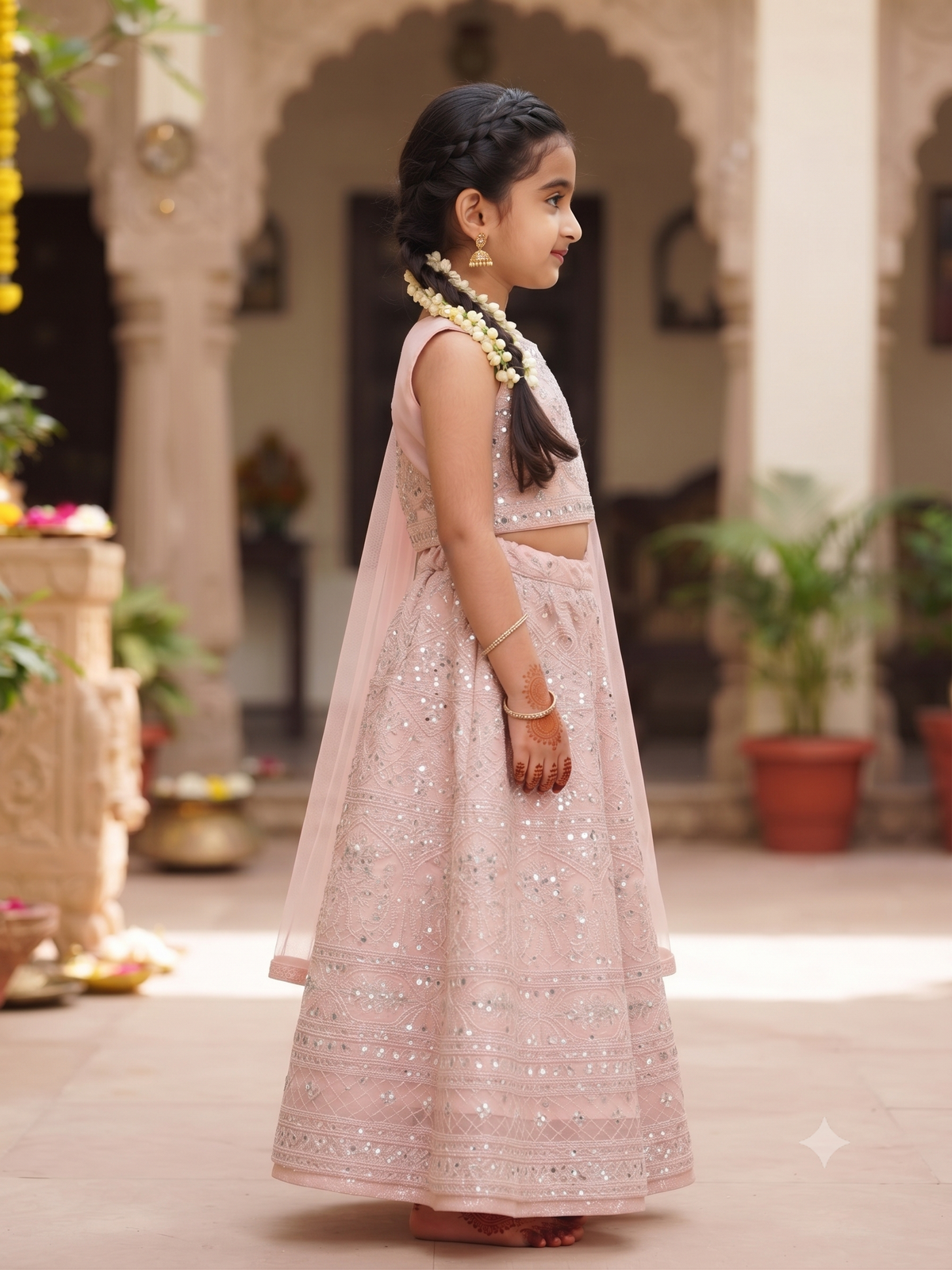 Kids Pink Net Mirror Work Lehenga Choli | Designer Festive Wear