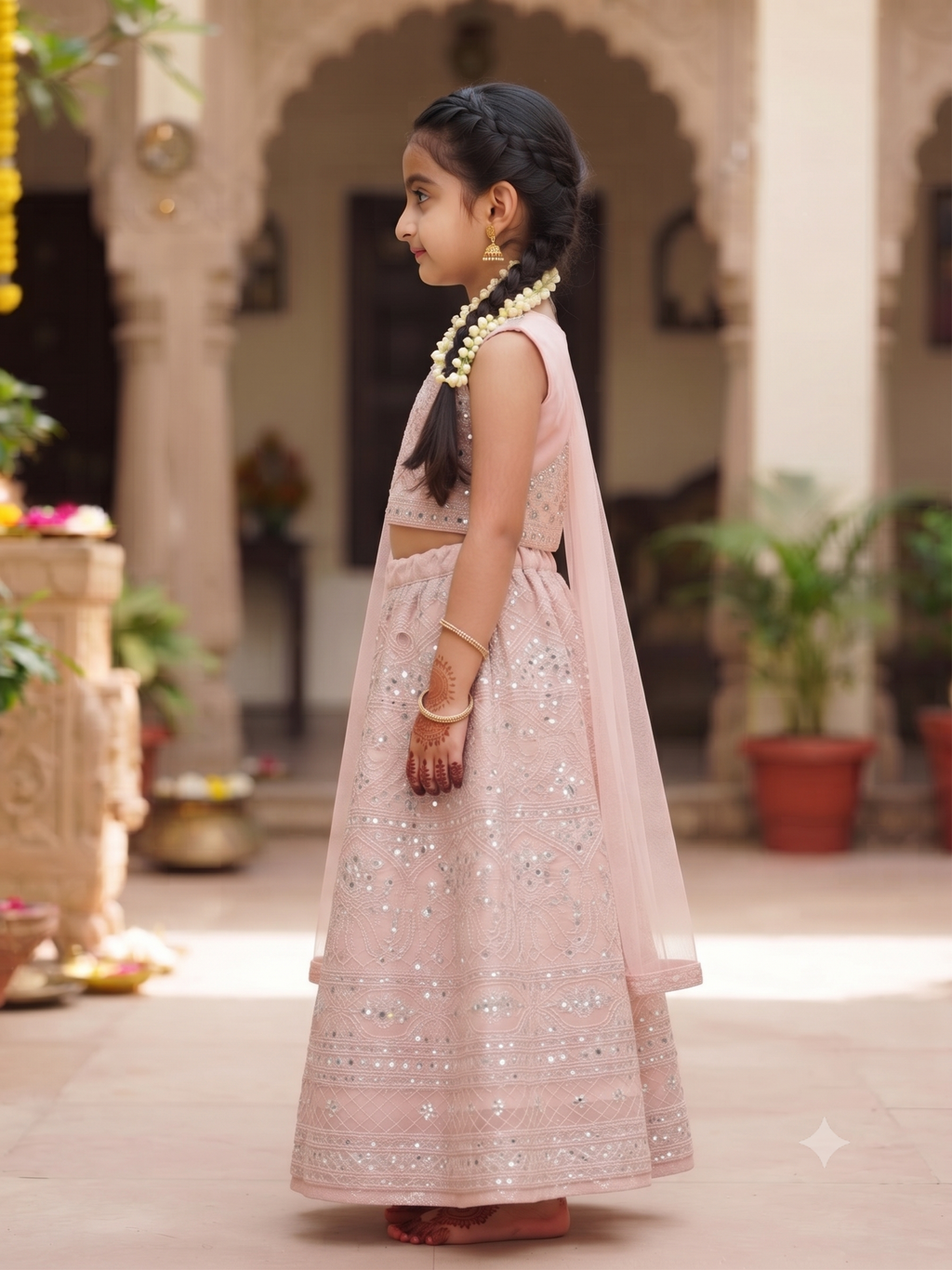 Kids Pink Net Mirror Work Lehenga Choli | Designer Festive Wear