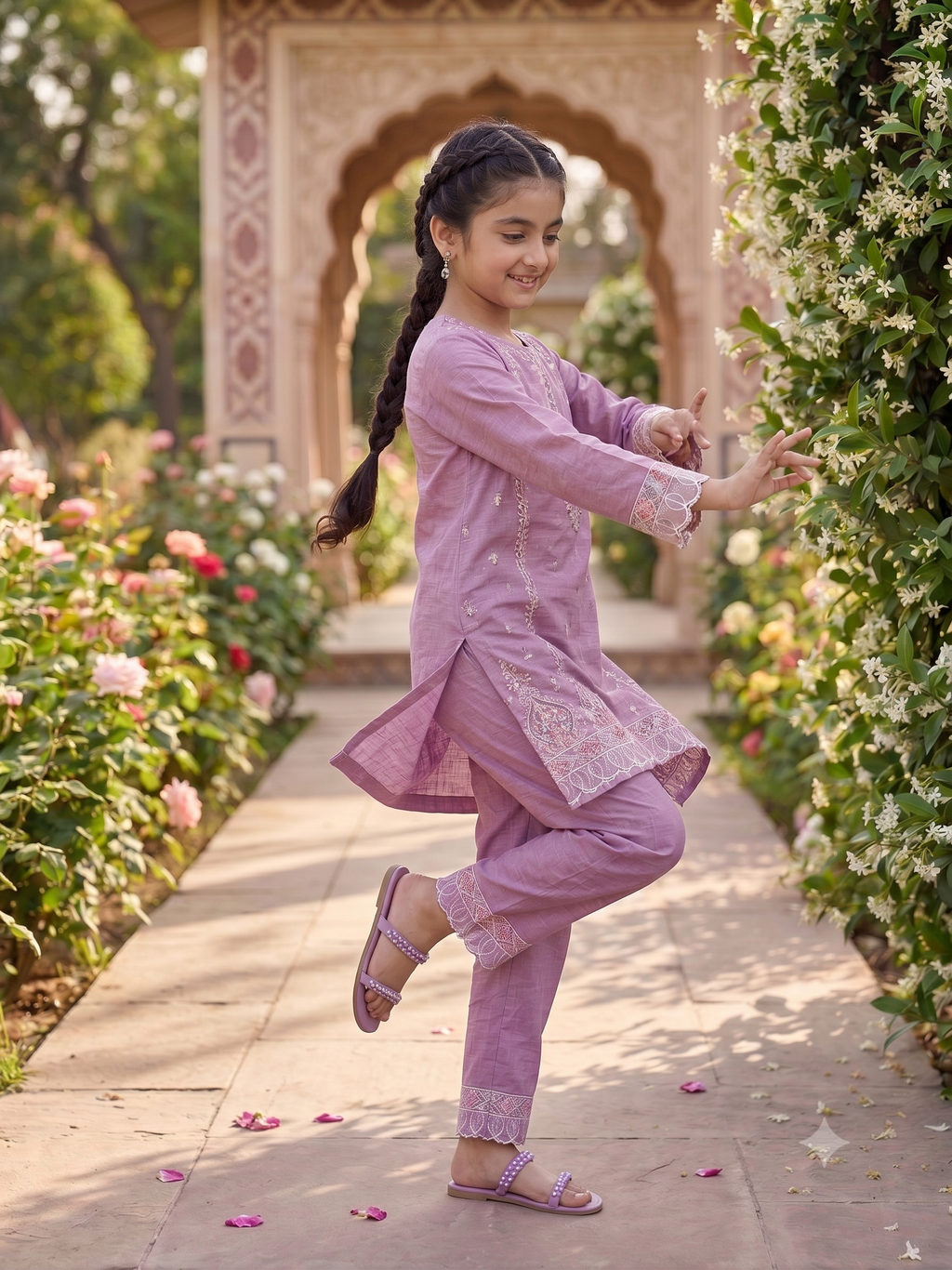 Girls Lilac Embroidered Organza Kurta Set
