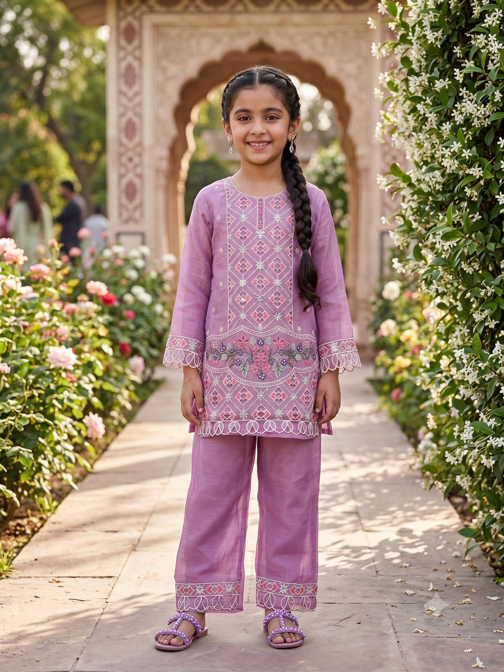 Girls Lilac Embroidered Organza Kurta Set