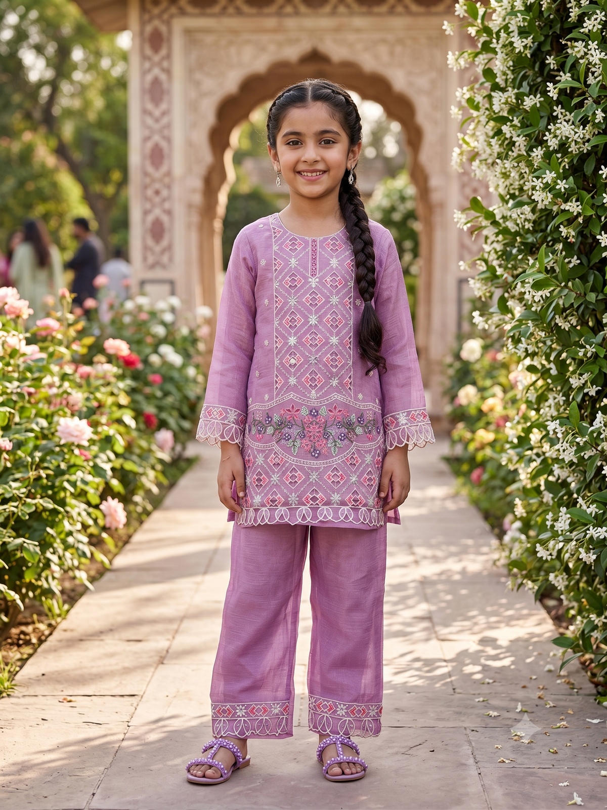 Girls Lilac Embroidered Organza Kurta Set