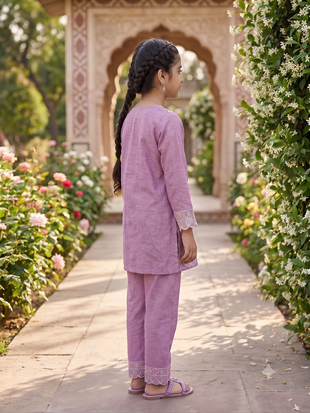 Girls Lilac Embroidered Organza Kurta Set