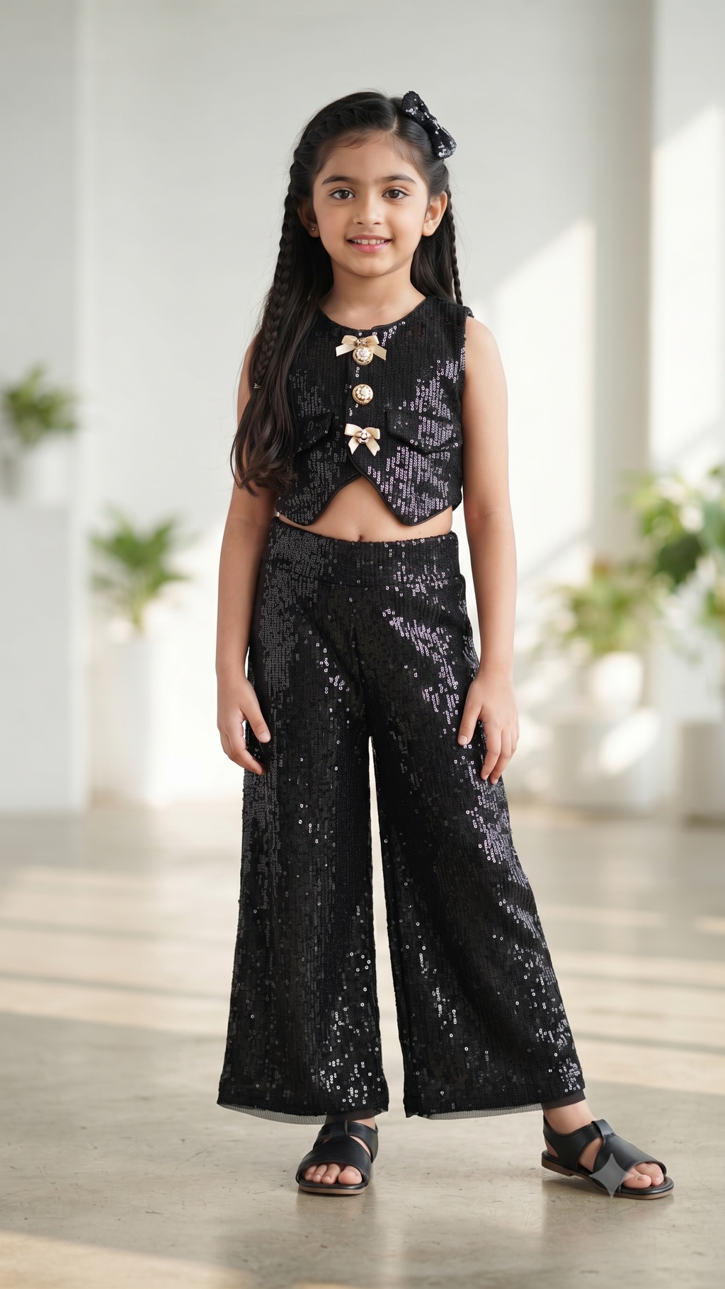 Black Sequin Crop Vest & Wide-Leg Trousers Co-Ord Set for Girls