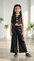 Black Sequin Crop Vest & Wide-Leg Trousers Co-Ord Set for Girls