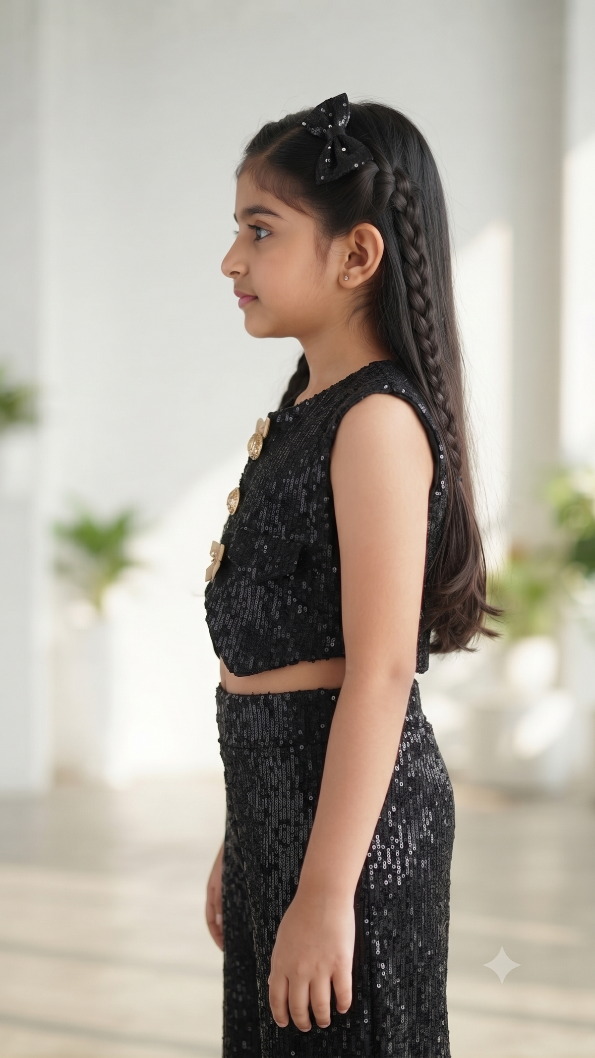 Black Sequin Crop Vest & Wide-Leg Trousers Co-Ord Set for Girls