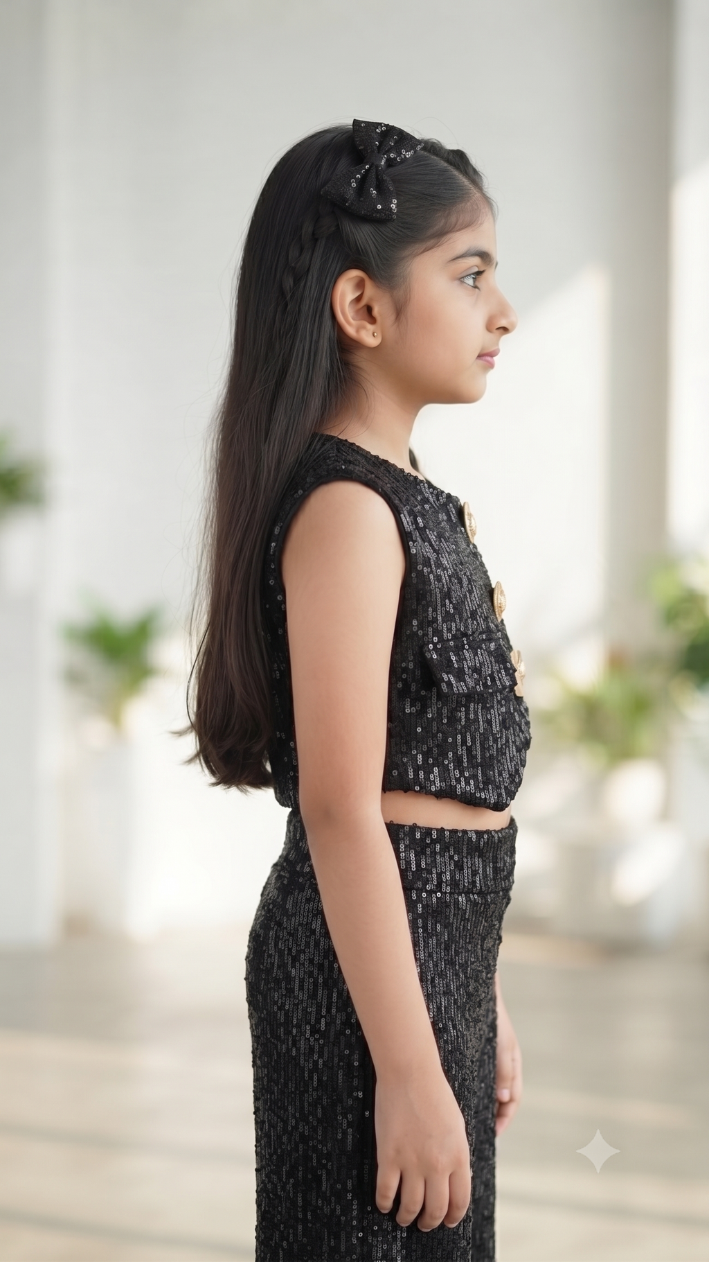 Black Sequin Crop Vest & Wide-Leg Trousers Co-Ord Set for Girls
