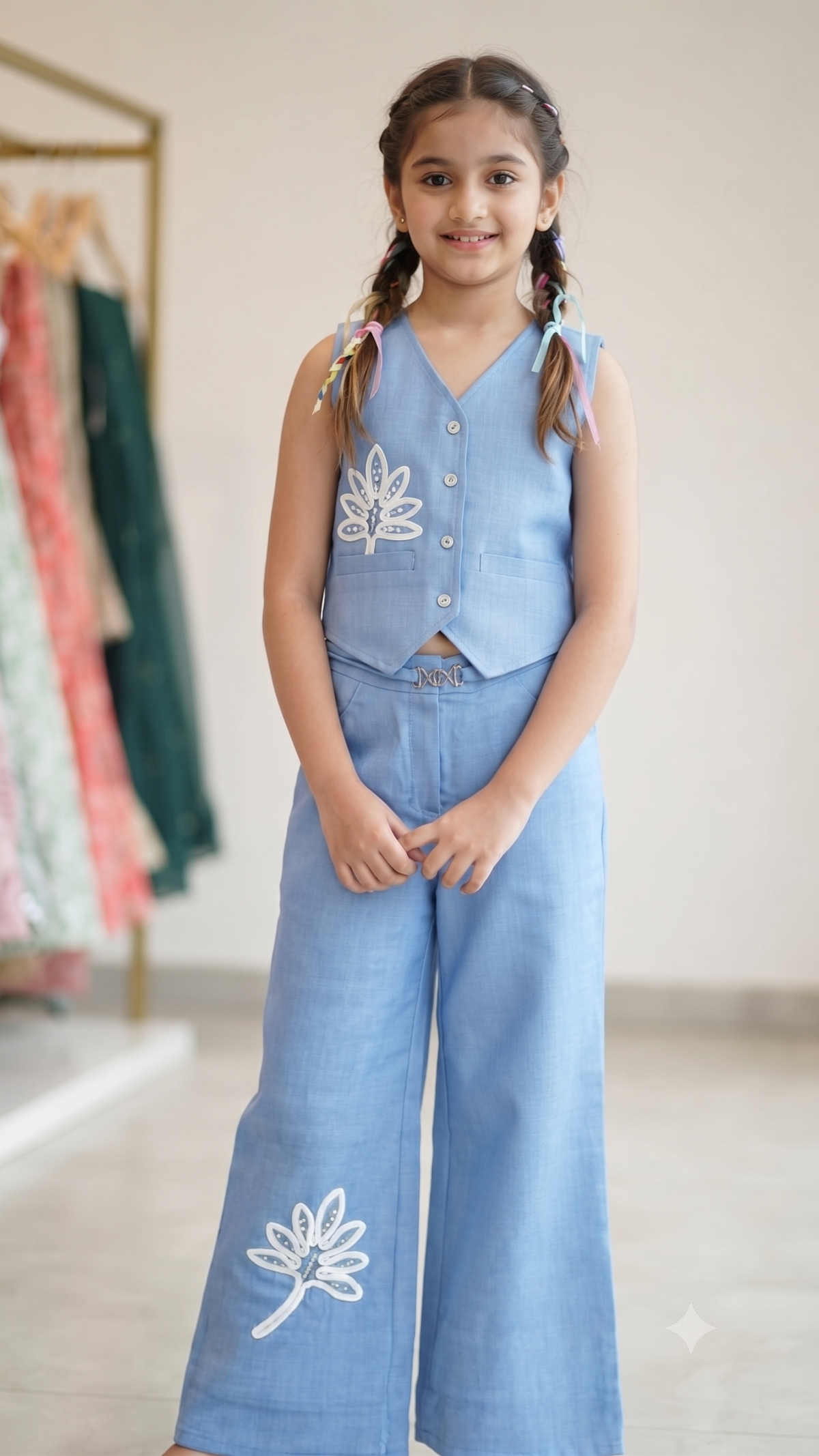 Sky Blue Designer Vest and Palazzos Co-Ord Set for Girls