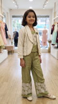 Girls Olive Green Floral Embroidered Co-ord Set with Off-White Blazer