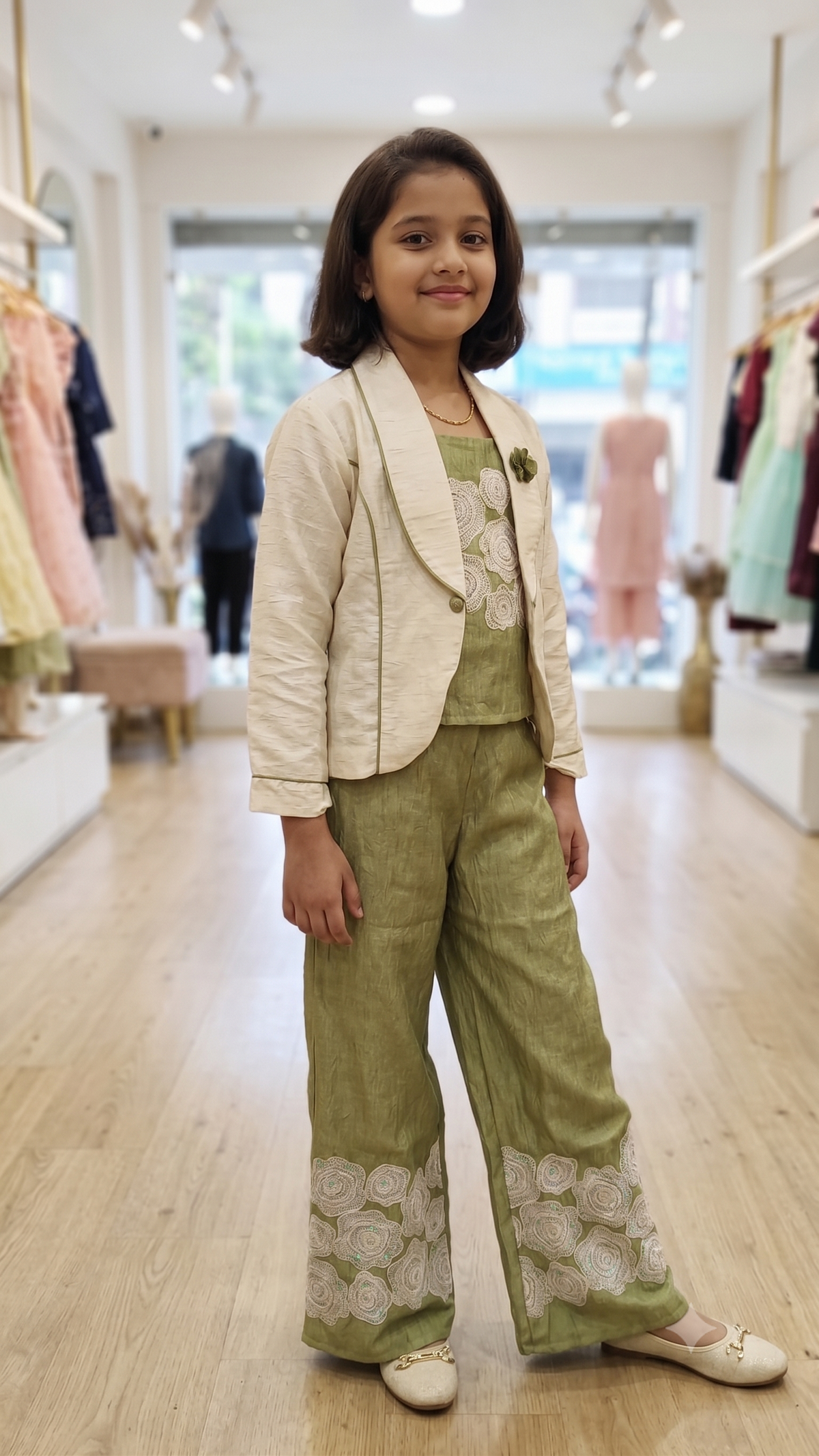 Girls Olive Green Floral Embroidered Co-ord Set with Off-White Blazer