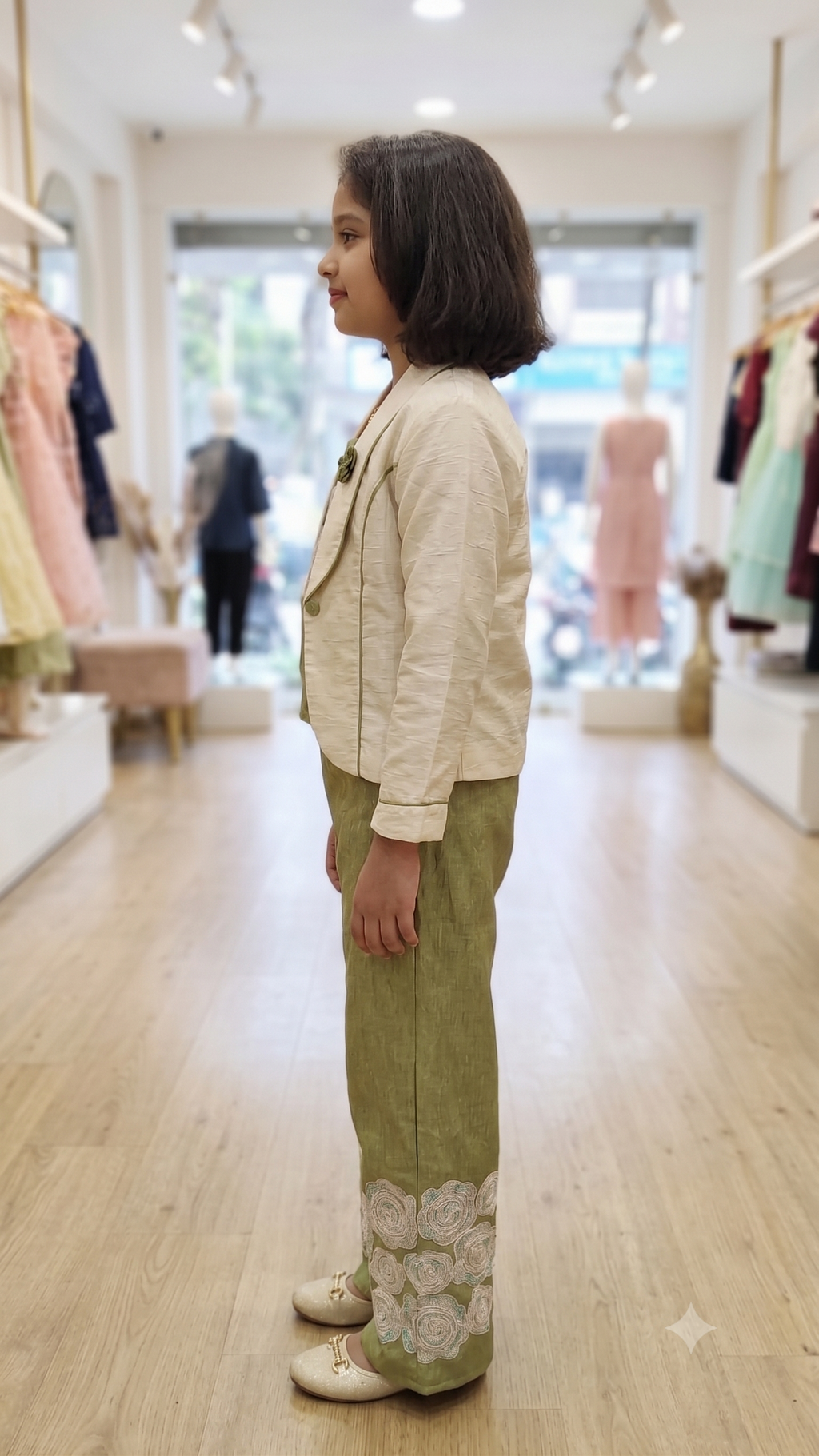 Girls Olive Green Floral Embroidered Co-ord Set with Off-White Blazer