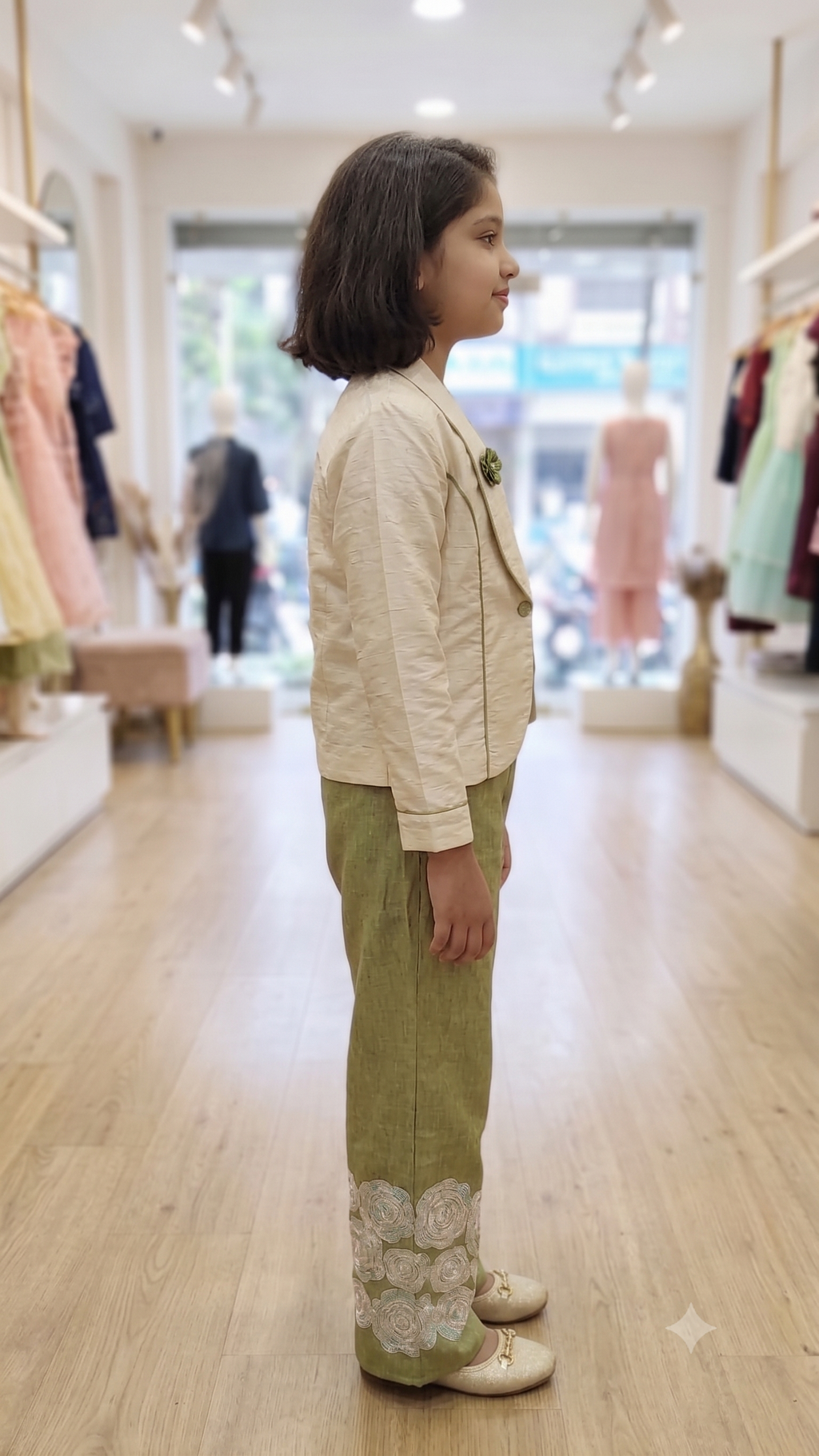 Girls Olive Green Floral Embroidered Co-ord Set with Off-White Blazer