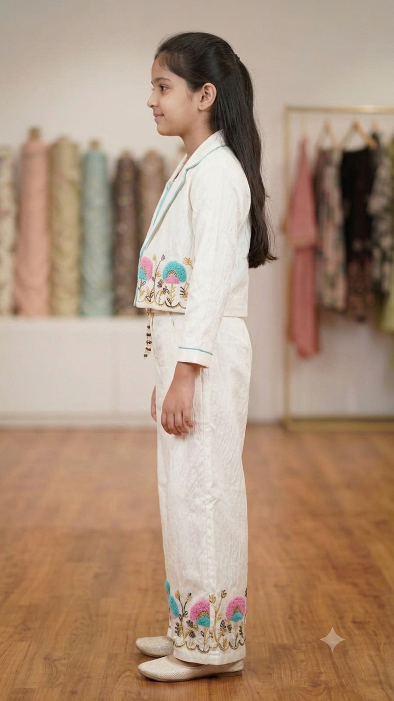 Off-White Embroidered Co-Ord Set with Cropped Blazer & Wide-Leg Pants for Girls