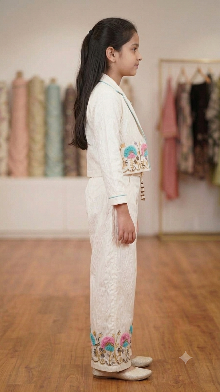 Off-White Embroidered Co-Ord Set with Cropped Blazer & Wide-Leg Pants for Girls
