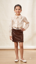Girls’ Cream Shimmer Bow-Top & Brown Sequin Skirt Set