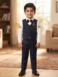 Kids Navy Blue Formal Suit Set with Butterfly Embroidery & Bow Tie | Olecuzi