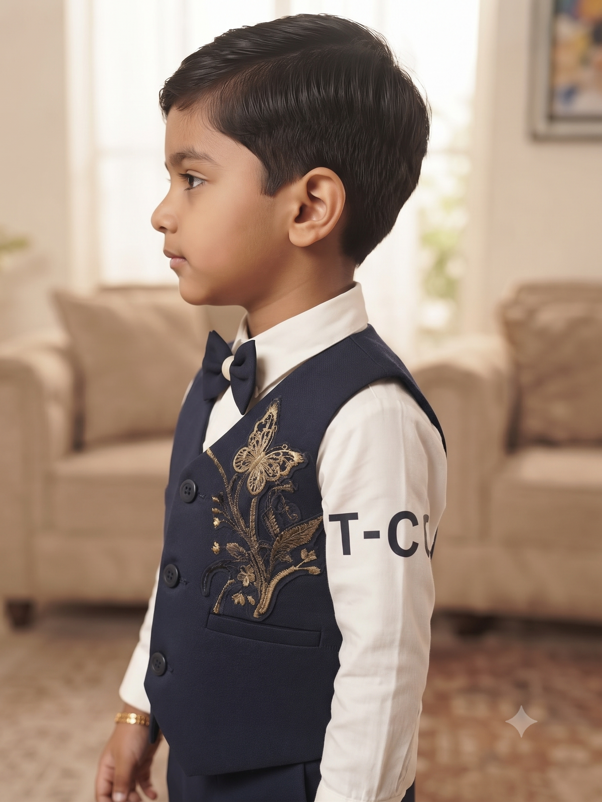 Kids Navy Blue Formal Suit Set with Butterfly Embroidery & Bow Tie | Olecuzi