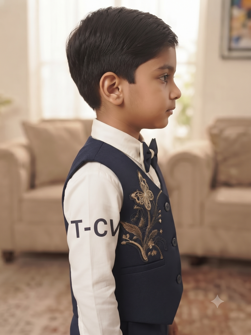 Kids Navy Blue Formal Suit Set with Butterfly Embroidery & Bow Tie | Olecuzi