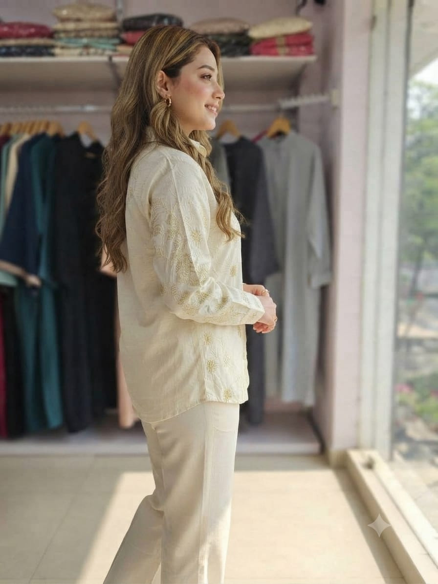 Chic Embroidered Shirt and Trouser Co-ord Set for Women -6226