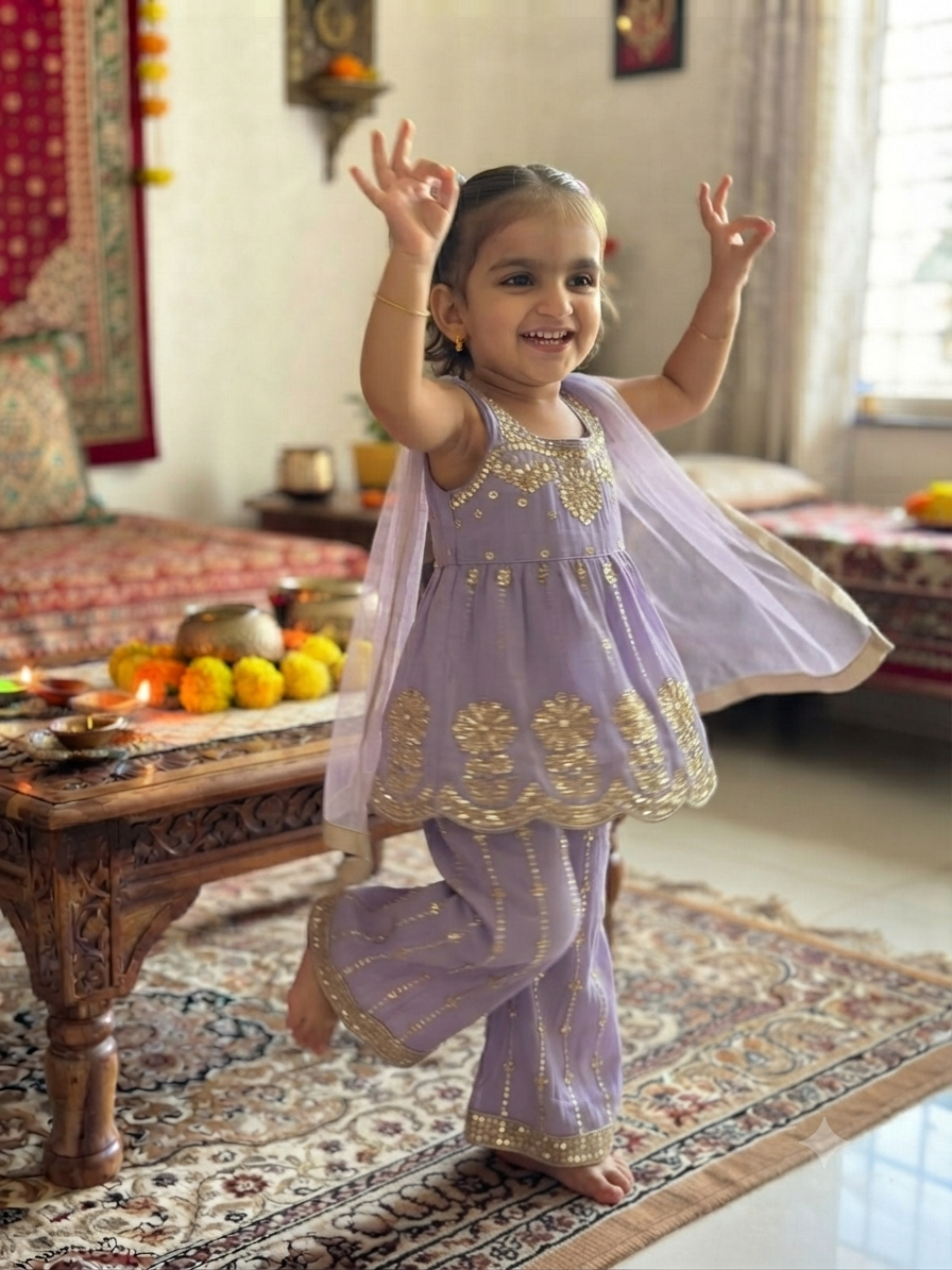 Lavender Floral Sequin Peplum Kurta & Sharara Set for Girls