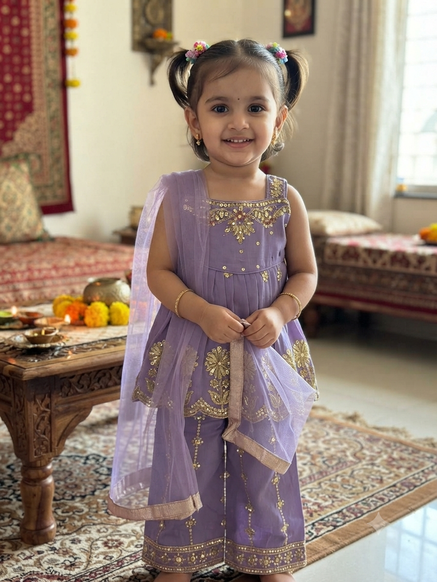 Lavender Floral Sequin Peplum Kurta & Sharara Set for Girls