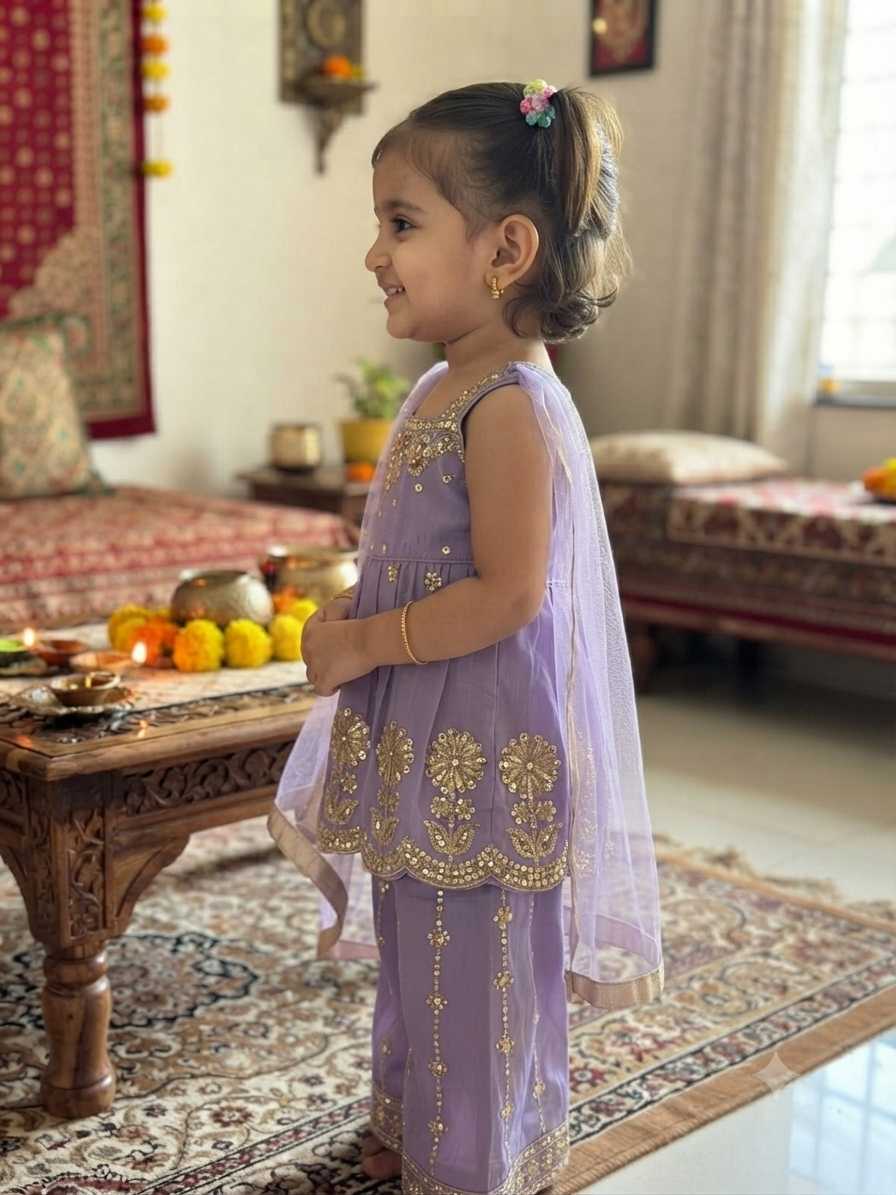 Lavender Floral Sequin Peplum Kurta & Sharara Set for Girls